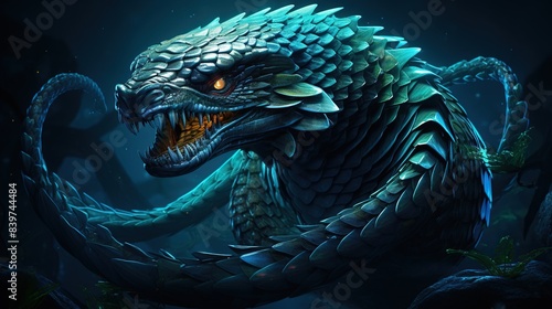A sea serpent with sleek scales, glowing eyes, and fins that cut through the water like blades  photo