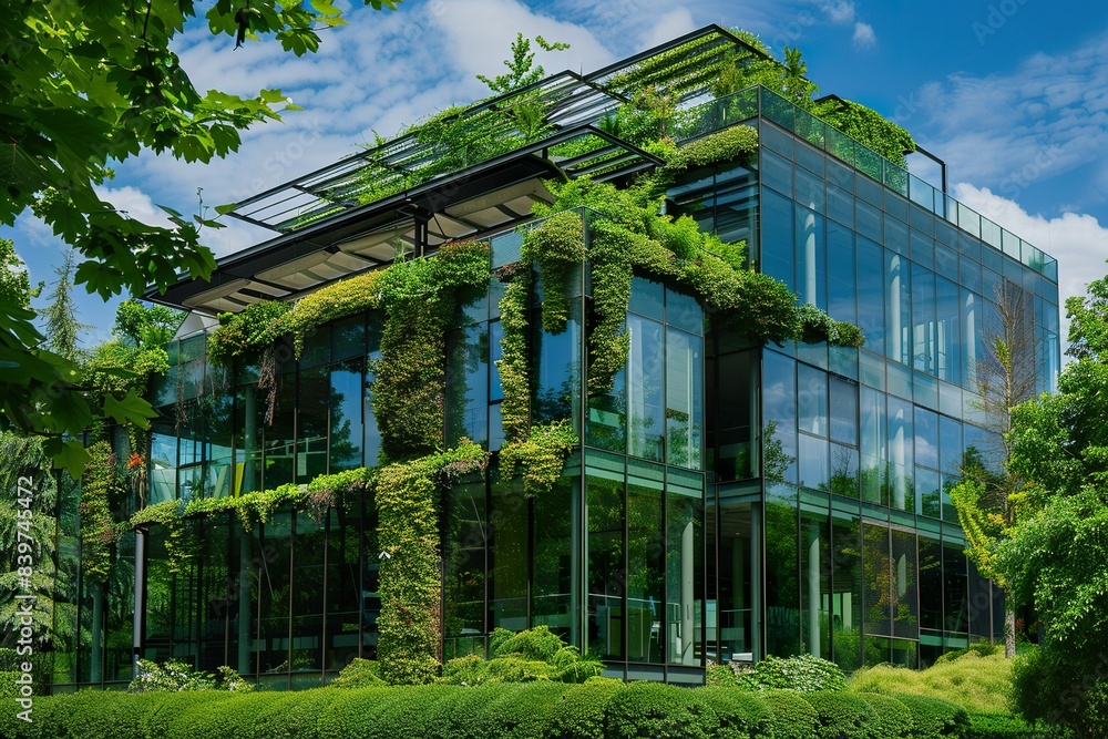 Architecture image with a modern glass building with a lot of green plants trees and bushes for business architecture environmental friendly and eco-concept Architecture image with a modern glass building with a lot of green plants trees and bushes for business architecture environmental friendly and eco-concept