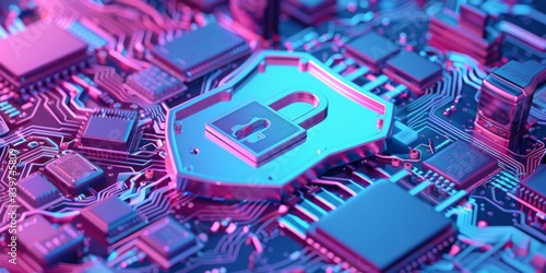 3D illustration of a padlock symbol on a circuit board, illuminated with neon pink and blue lights. Concept of cybersecurity, data protection, and digital security. 