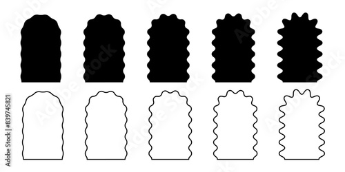 Set of arch frames and shapes with wavy borders. Curvy archways with curved edges. Windows or mirrors, portals or doors, empty text boxes isolated on white background. Vector graphic illustration.