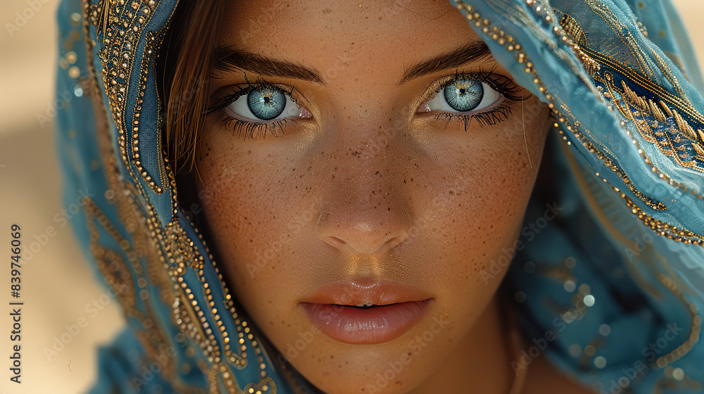 Close up of a woman's face with bright blue eyes and freckles covered by a blue veil. Generated by AI. Close up of a woman's face with bright blue eyes and freckles covered by a blue veil. Generated by AI.