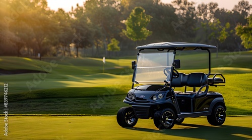 Black luxury golf cart on lush green course with soft sunlight and scenic background