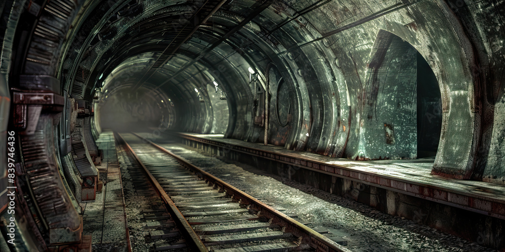 Obraz premium Abandoned Subway System: A series of tunnels and platforms, designed to resemble an abandoned subway system, perfect for a thriller or horror setting.