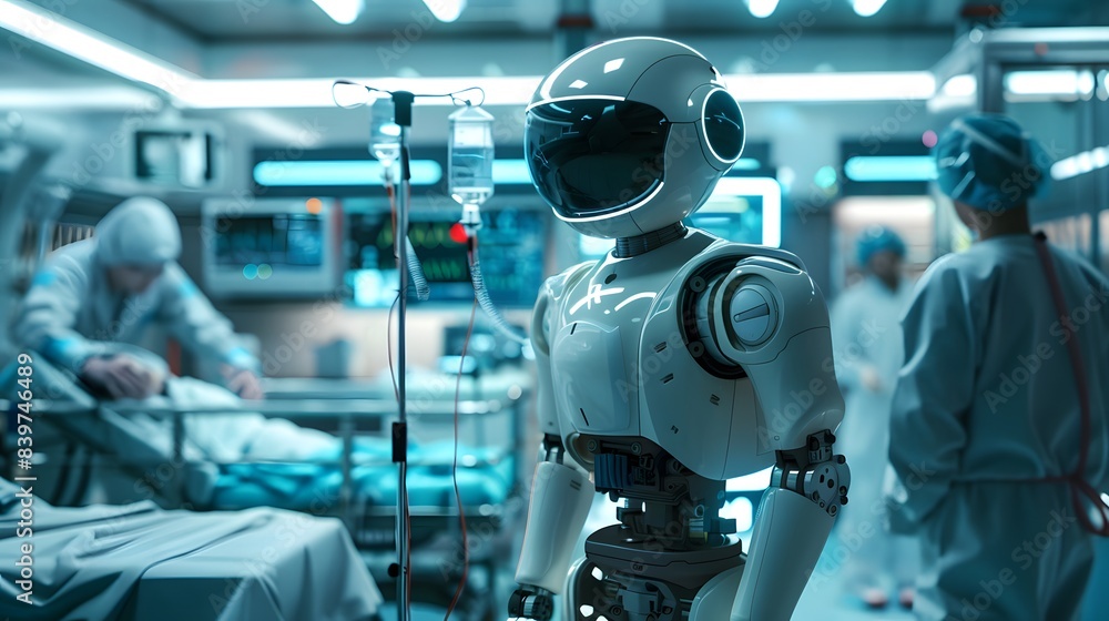 Advanced Medical Robot Assisting in a High-Tech Emergency Room with Medical Staff in the Background Advanced Medical Robot Assisting in a High-Tech Emergency Room with Medical Staff in the Background