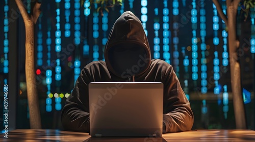 Hacker in a Hoodie Working on Laptop in a Dark Room with Digital Code Background, Cybersecurity and Hacking Concept