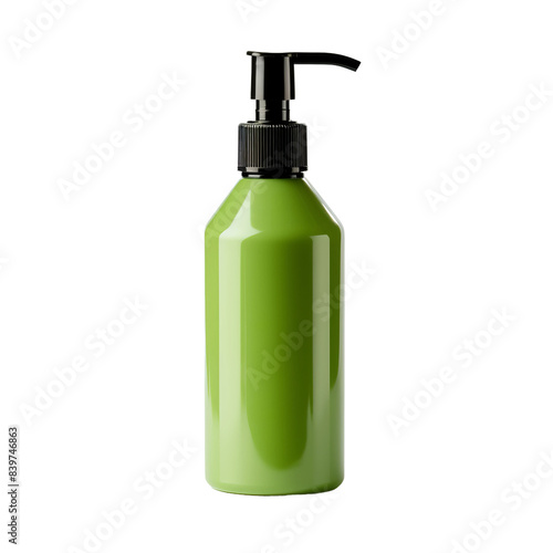 green plastic pump bottle with black plastic cap threaded on an isolated white background