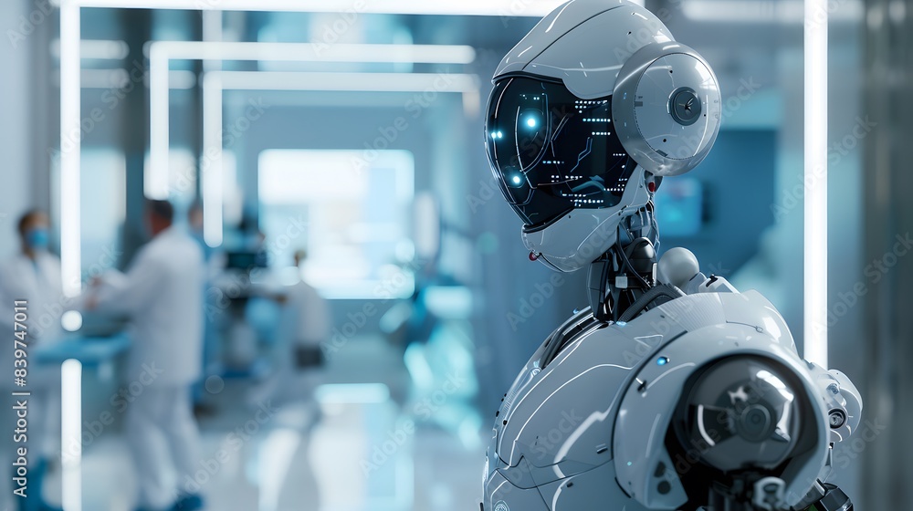 Advanced Humanoid AI Robot Standing in a High-Tech Hospital Corridor, Surrounded by Medical Staff and Cutting-Edge Equipment, Representing Future Healthcare Advanced Humanoid AI Robot Standing in a High-Tech Hospital Corridor, Surrounded by Medical Staff and Cutting-Edge Equipment, Representing Future Healthcare