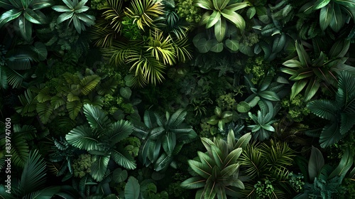 Top view of dense jungle foliage with lush green leaves  featuring a variety of tropical plants and intricate textures  perfect for nature and botanical themes