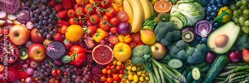 Vibrant rainbow of fruits and vegetables arranged in a visually appealing composition  highlighting a wide range of colors and textures  perfect for healthy eating and nutrition themes