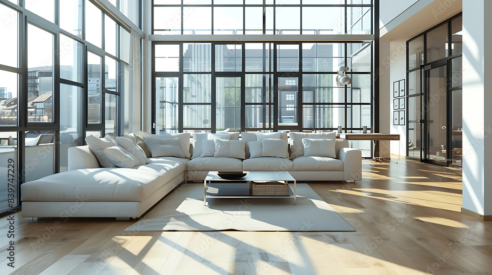Fototapeta premium a modern, spacious living room flooded with natural light from large windows