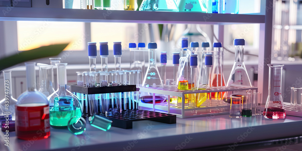 Science Lab Desk: A high-tech desk with lab equipment, beakers, and test tubes, set up for a scientist to conduct experiments. Science Lab Desk: A high-tech desk with lab equipment, beakers, and test tubes, set up for a scientist to conduct experiments.