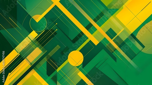 Modern abstract art piece featuring a complex array of geometric shapes, lines, and patterns in bold yellow and green tones, creating a structured yet dynamic visual effect