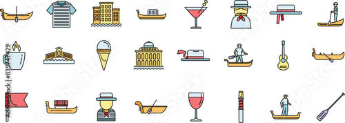 Gondolier icons set outline vector. Venice bridge. Boat canal thin line color flat on white