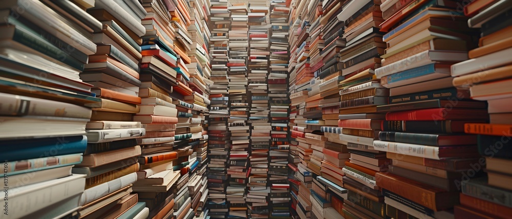 Library bookshelves full of different books. Reading horizontal background. World Book Day concept Library bookshelves full of different books. Reading horizontal background. World Book Day concept