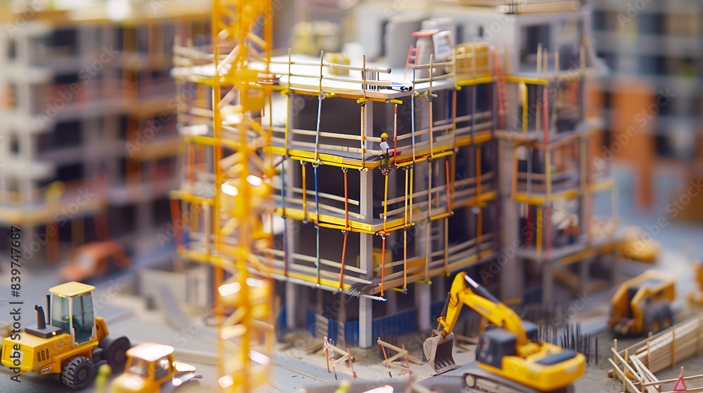 a miniature construction scene. It features a small-scale model of a ...
