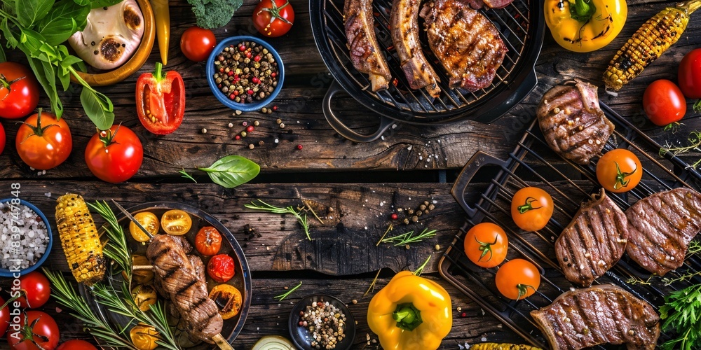 Fototapeta premium Top view of fresh meat and vegetables on grill