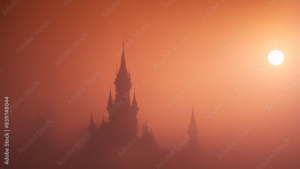 Obraz premium Generative AI, Mystical Castle in the Mist: A Sunrise Enchantment