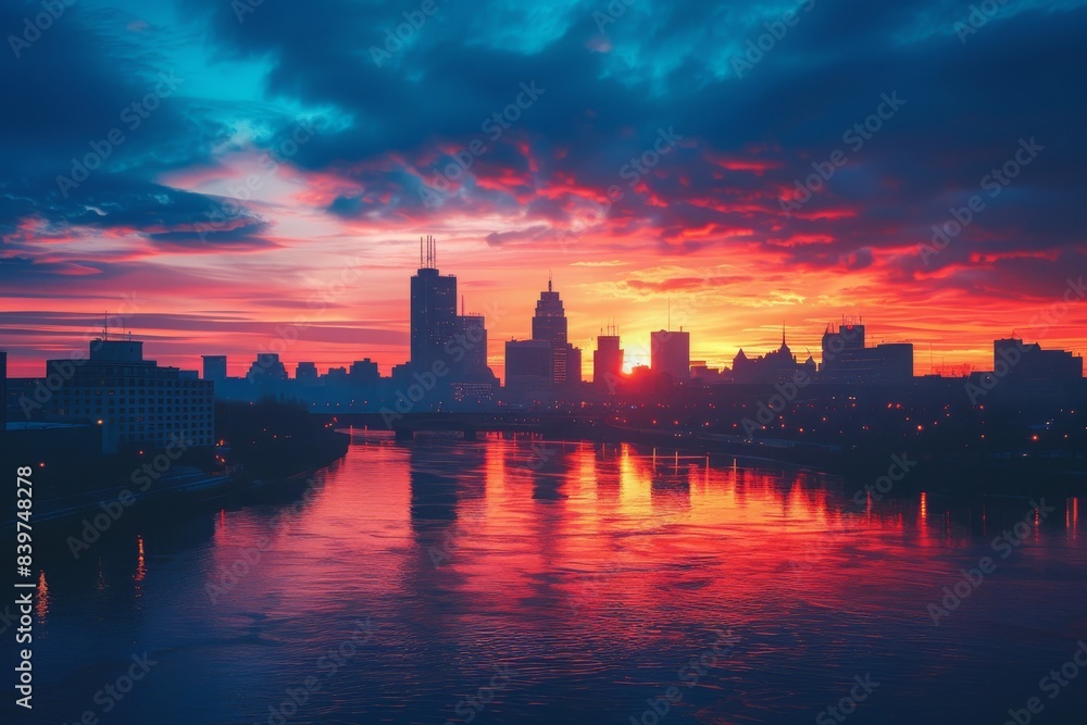 Silhouetted cityscape with a vibrant, colorful sunset reflected in the water. Silhouetted cityscape with a vibrant, colorful sunset reflected in the water.