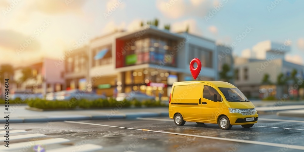 3D illustration of a yellow delivery van with a location pin on a street, city buildings blurred in the background, during sunset. Concept of delivery, logistics, and transportation.