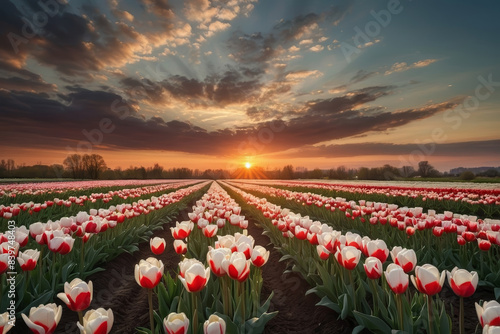 Wallpaper Mural a field of white red tulips with a beautiful sunset Torontodigital.ca