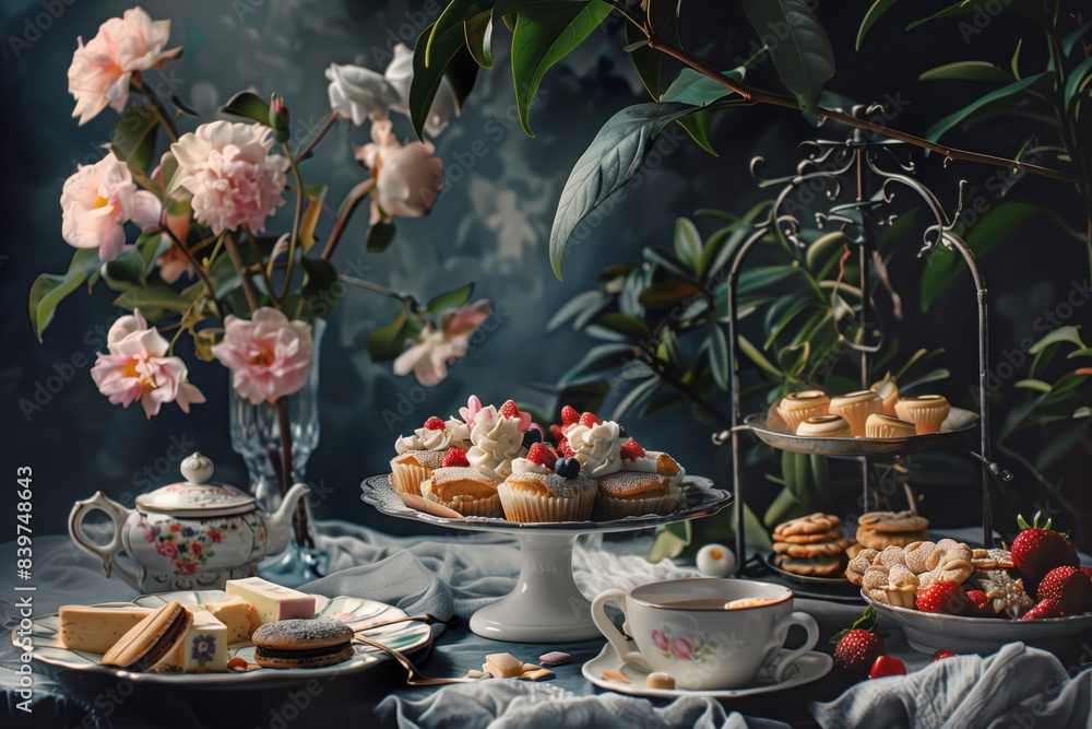 A table is set with a variety of desserts and a teapot A table is set with a variety of desserts and a teapot