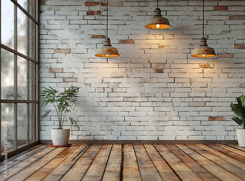 Industrial Style Interior with Brick Wall and Overhead Lights
