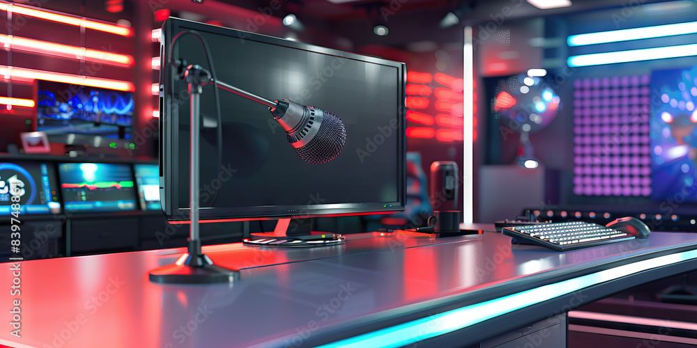 Fototapeta premium News Anchor Desk: A sleek and modern desk with a large monitor, microphone, and newsroom backdrop, ready for a news anchor to deliver the latest headlines.