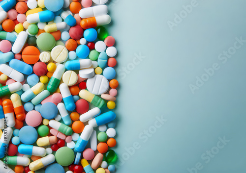 drug addiction  colorful medicine tablets pills on soft blue background