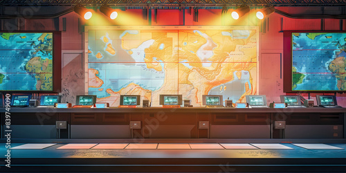 Strategic Command Center Talk Show Stage: A stage with strategic command consoles, maps, and a backdrop featuring strategic planning operations photo