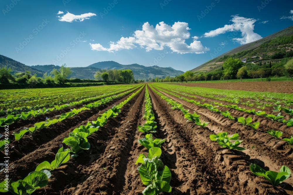 This image captures an idyllic mountain landscape showcasing vibrant green plants against a majestic sky, creating a serene and harmonious scene This image captures an idyllic mountain landscape showcasing vibrant green plants against a majestic sky, creating a serene and harmonious scene