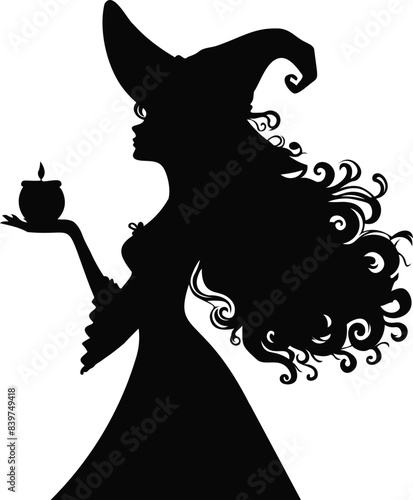 Beautiful witch with long curly hair silhouette vector illustration 