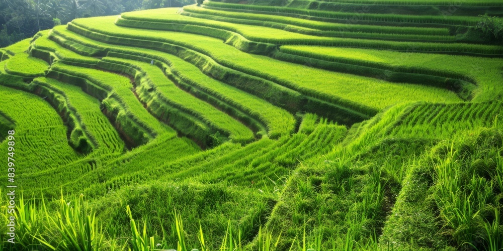 Explore a picturesque agricultural landscape with lush green vegetation, featuring natural terraces, grassland, and groundcover Explore a picturesque agricultural landscape with lush green vegetation, featuring natural terraces, grassland, and groundcover