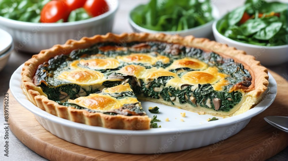 Savory Breakfast Quiche: Spinach and Mushroom Quiche with a Flaky Crust, Served with a Side Salad, Generative AI Savory Breakfast Quiche: Spinach and Mushroom Quiche with a Flaky Crust, Served with a Side Salad, Generative AI