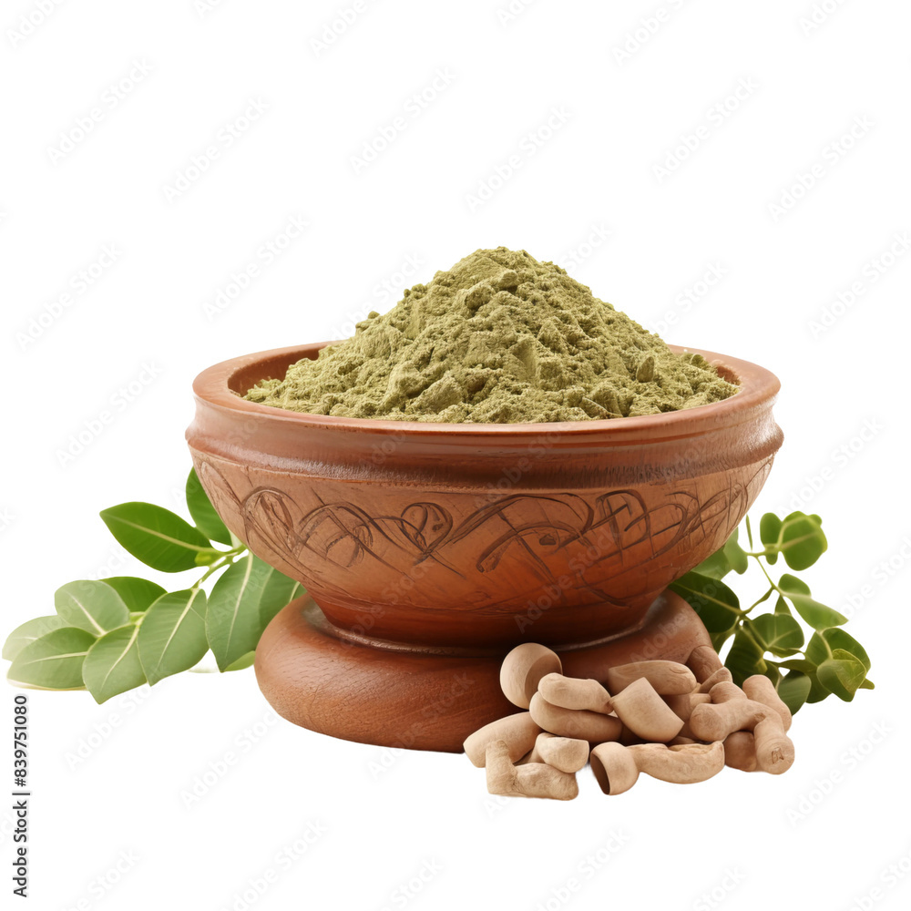 moringa powder on a clay pot isolated on white background moringa powder on a clay pot isolated on white background
