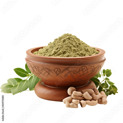 moringa powder on a clay pot isolated on white background