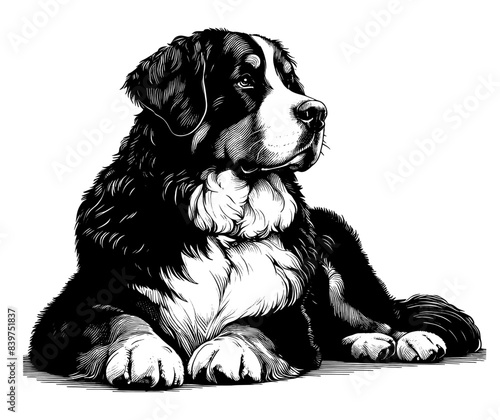 Hand drawn Bernese Mountain Dog in full-body, vector sketch isolated on white background.	