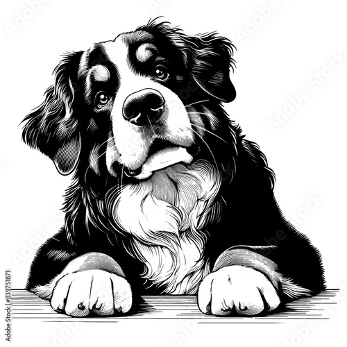Hand drawn Bernese Mountain Dog portrait, vector sketch isolated on white background.	