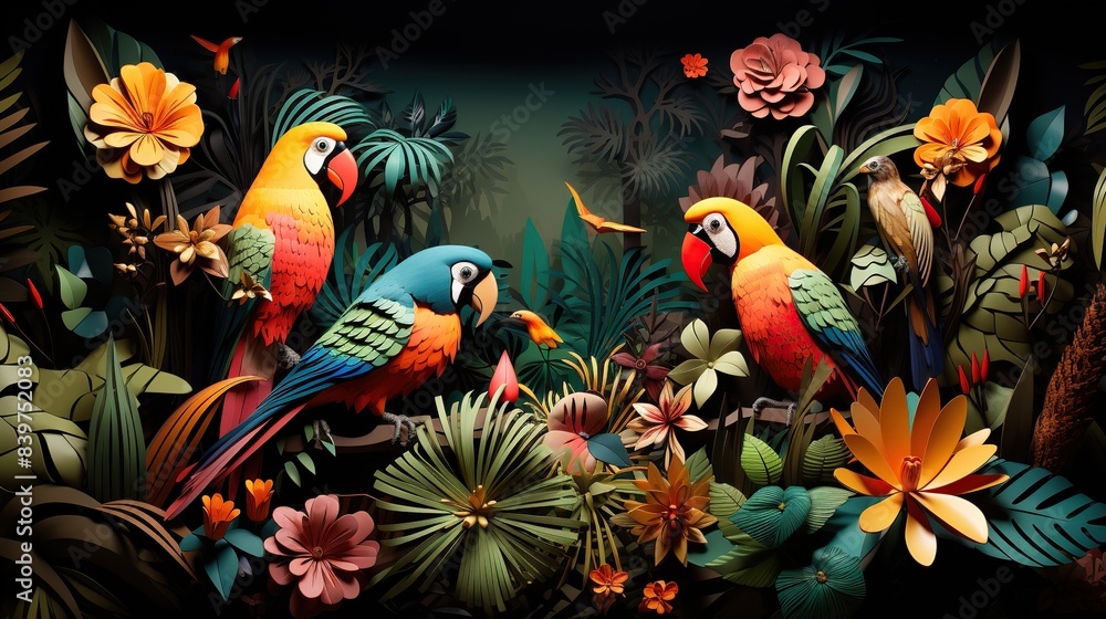 A vibrant paper art illustration of a rainforest with exotic animals and plants  