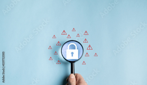 Network security vulnerability concept, data breach, illegal connection and information danger. System warning sign, fraudulent virus attack, firewall, error notification.