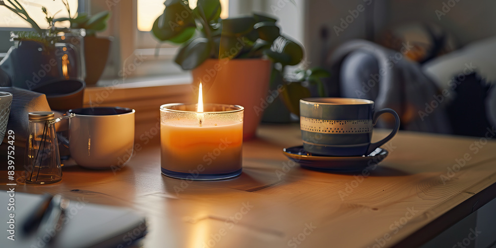 Scandinavian Bohemian Home Office: Cozy desk with a candle, plant, and mug, reflecting an artistic lifestyle in the Nordic region Scandinavian Bohemian Home Office: Cozy desk with a candle, plant, and mug, reflecting an artistic lifestyle in the Nordic region