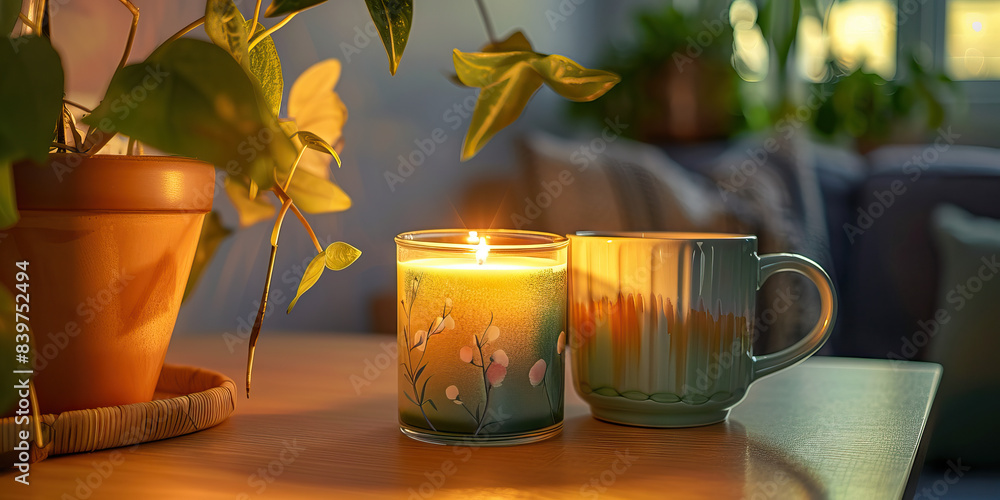 Scandinavian Bohemian Home Office: Cozy desk with a candle, plant, and mug, reflecting an artistic lifestyle in the Nordic region Scandinavian Bohemian Home Office: Cozy desk with a candle, plant, and mug, reflecting an artistic lifestyle in the Nordic region