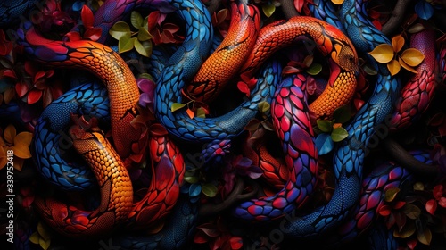 A vibrant pattern of tree boas wrapped around branches 