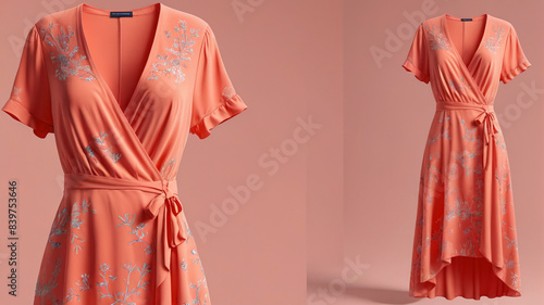 Coral Charm: Coral-Colored Wrap Dress with Short Sleeves and a High-Low Hem, Generative AI photo