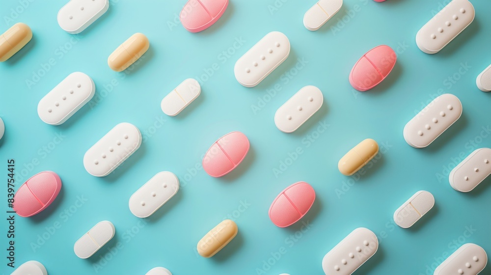 Symmetrical arrangement of pills in soft pastel colors Symmetrical arrangement of pills in soft pastel colors
