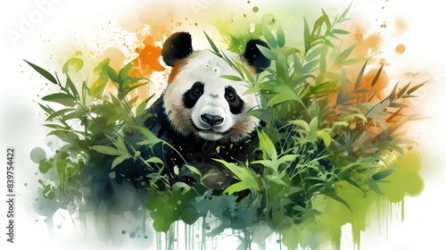 An artistic depiction of a panda in watercolor style, surrounded by vibrant bamboo leaves.   © Awais