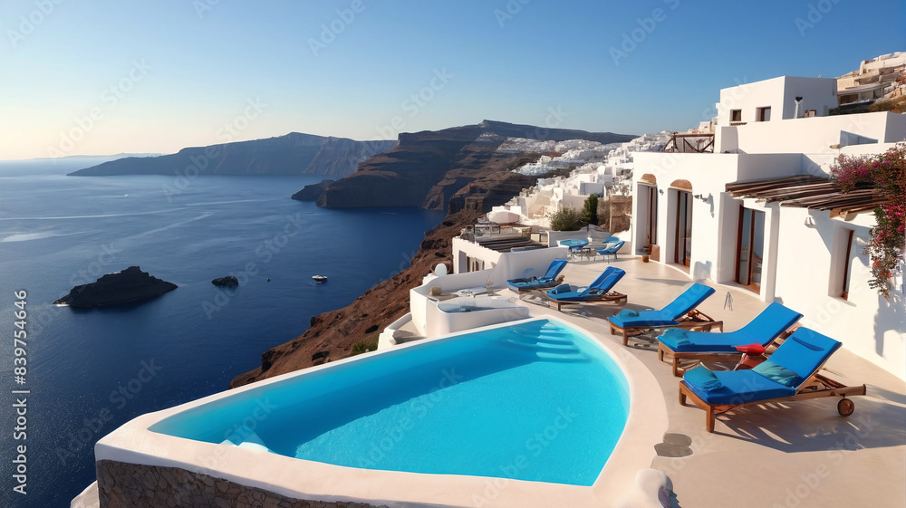 Obraz premium Santorini Cliffside Villa: Luxurious Apartment with Infinity Pool Overlooking the Aegean Sea, Generative AI