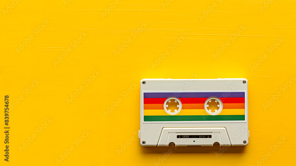 Fototapeta premium White Cassette Tape with Rainbow Design on Yellow Background