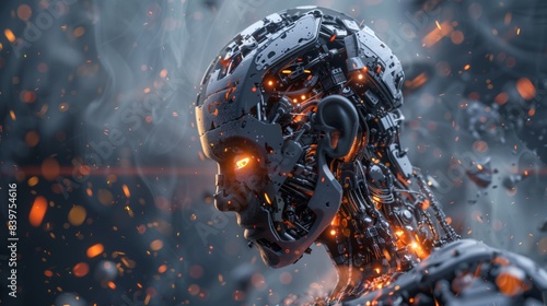 Close-up of a scary humanoid robot with glowing red eyes. Danger of AI concept.