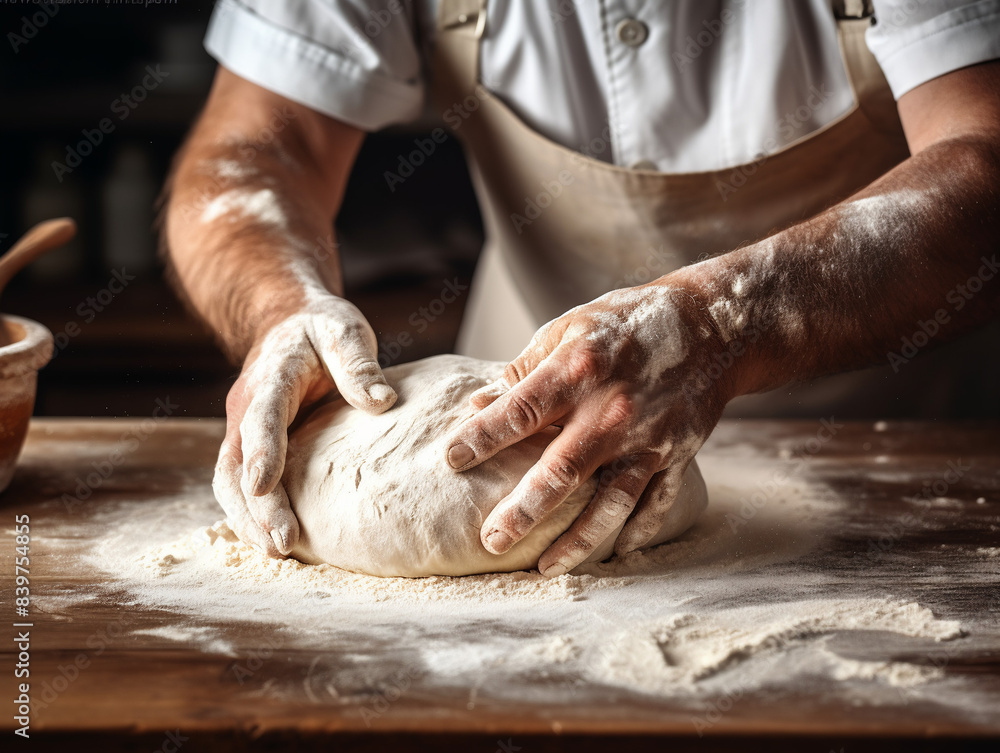 Baker kneading dough, hands covered in flour, professional kitchen
Baker kneading dough, hands covered in flour, professional kitchen