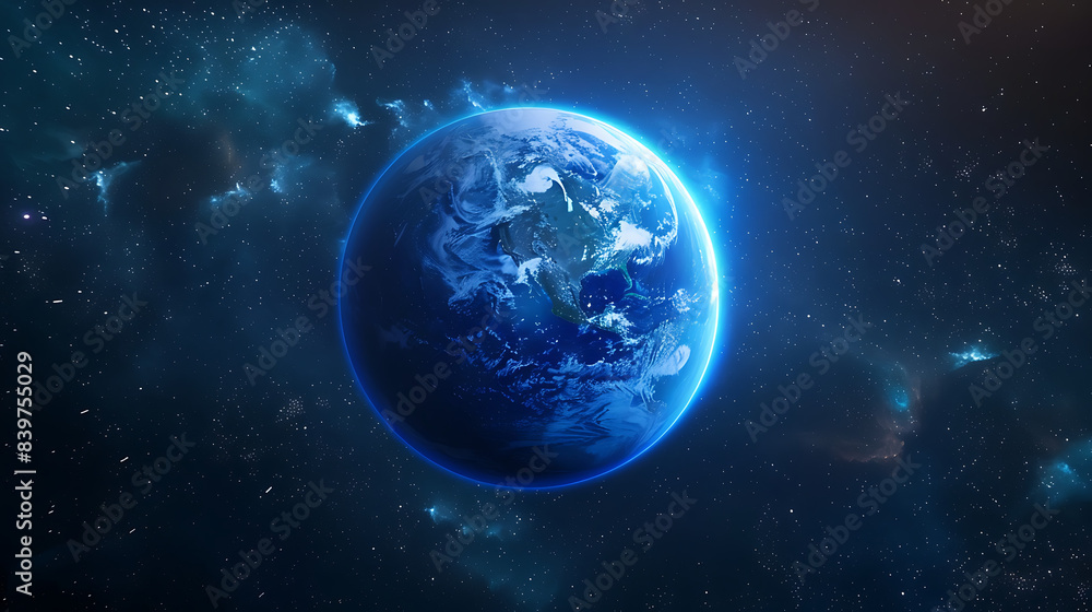 The image depicts a stylized representation of Earth glowing with blue light against a dark space background The image depicts a stylized representation of Earth glowing with blue light against a dark space background